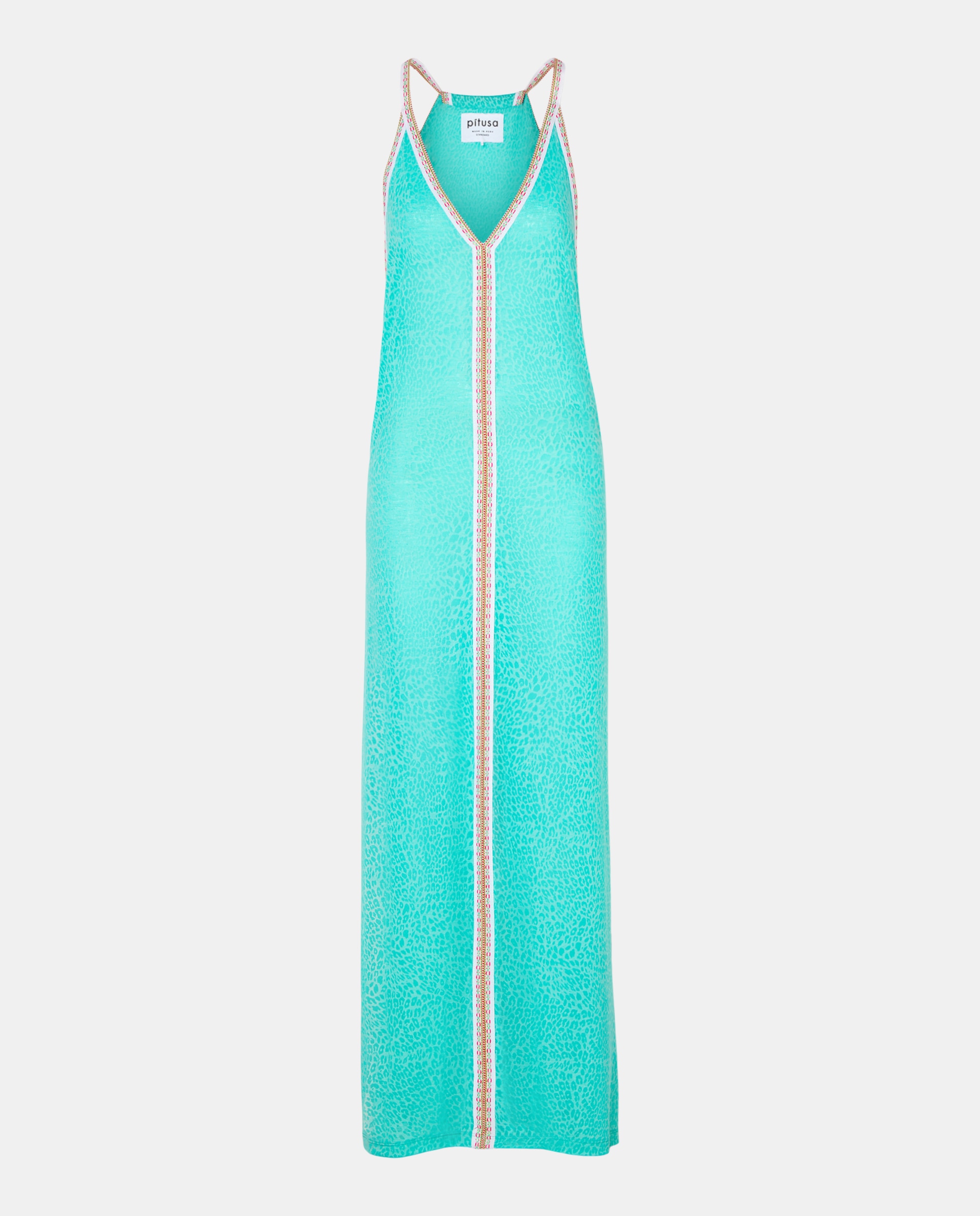 Kaftan Comprido de Alças com Animal Print Turquesa-4
