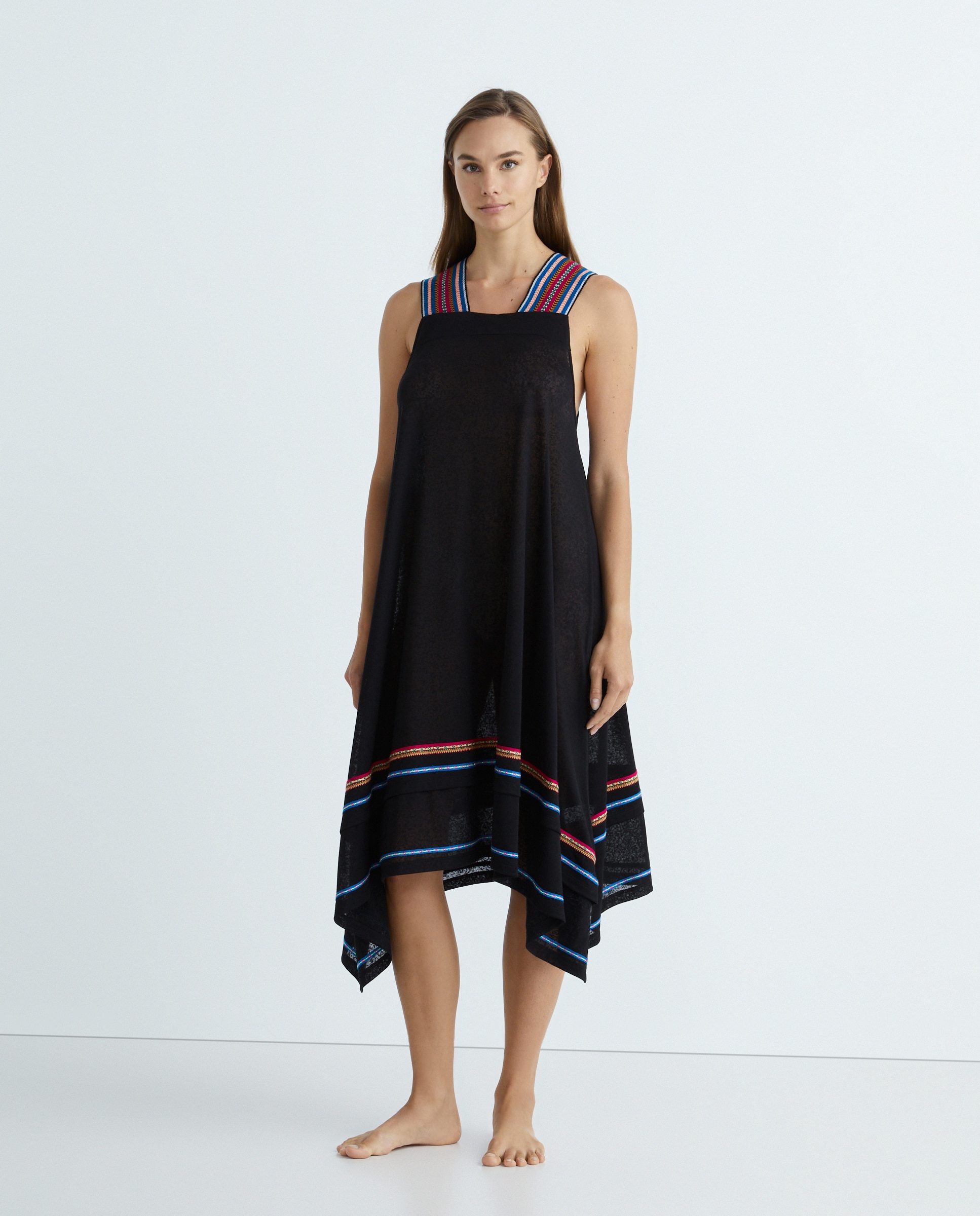 Kaftan Midi Liso de Alças com Detalhes em Contraste Preto-1
