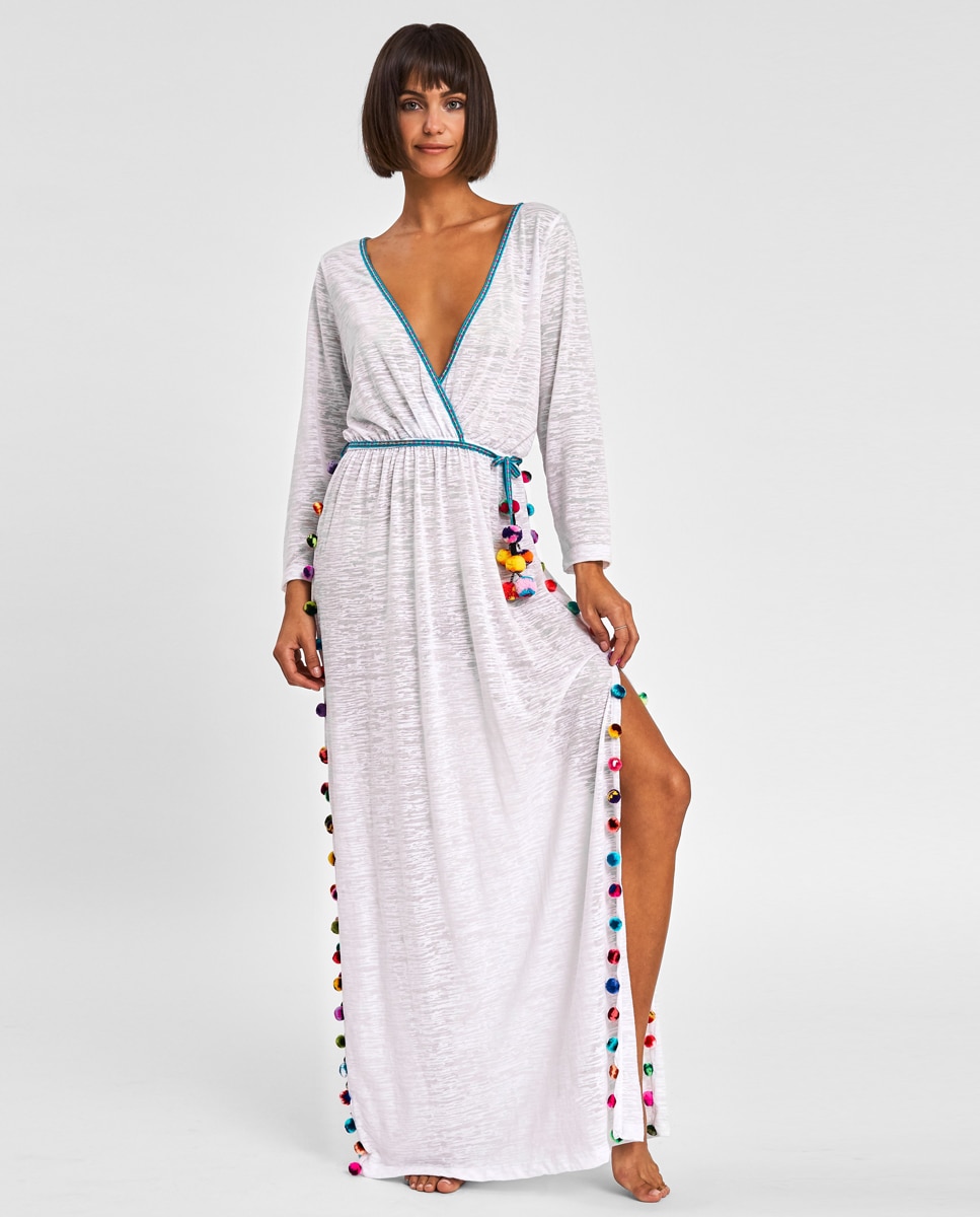 Kaftan Comprido Santorini com Pormenores de Pompons Branco-1