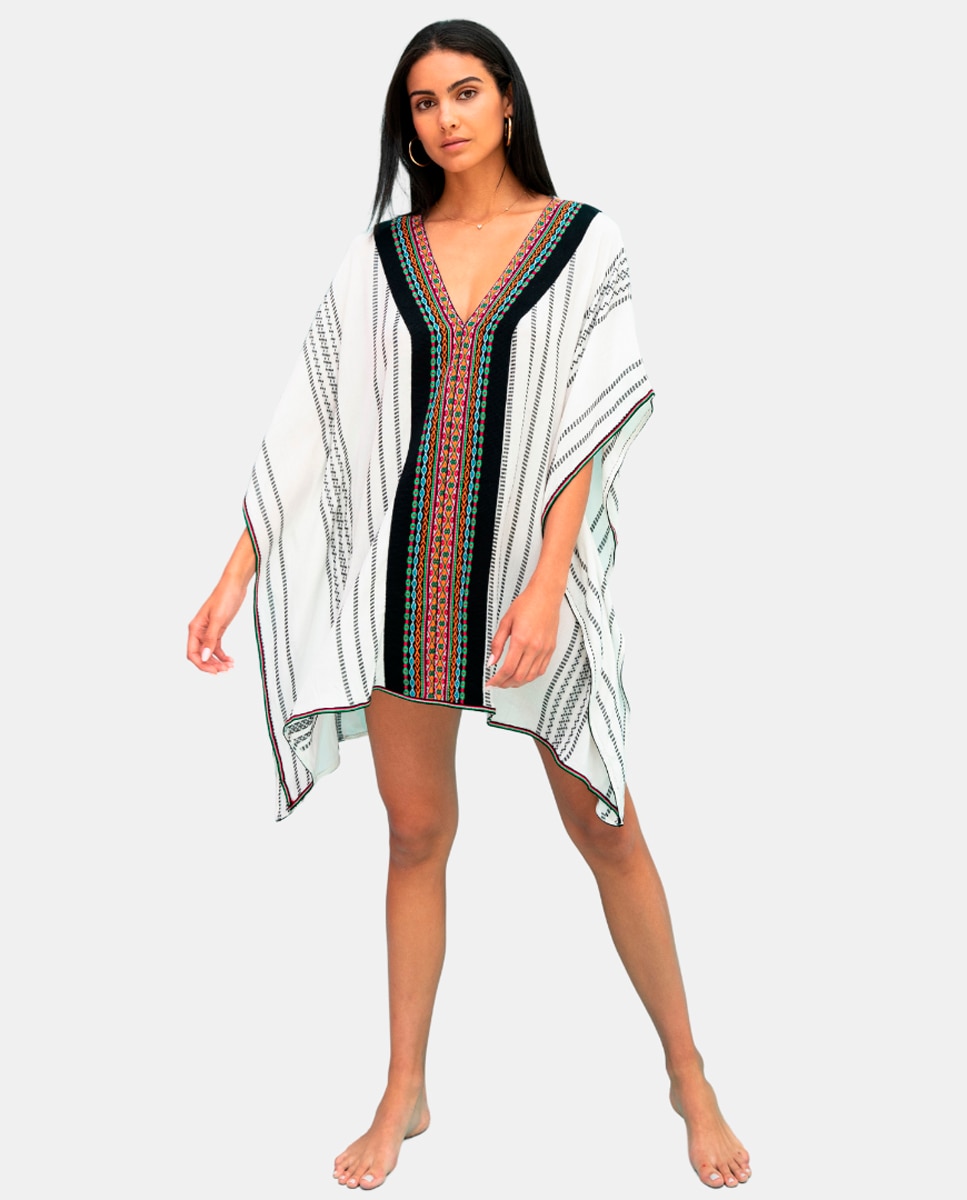 Kaftan Curto Thobe com Estampado Étnico Branco-1