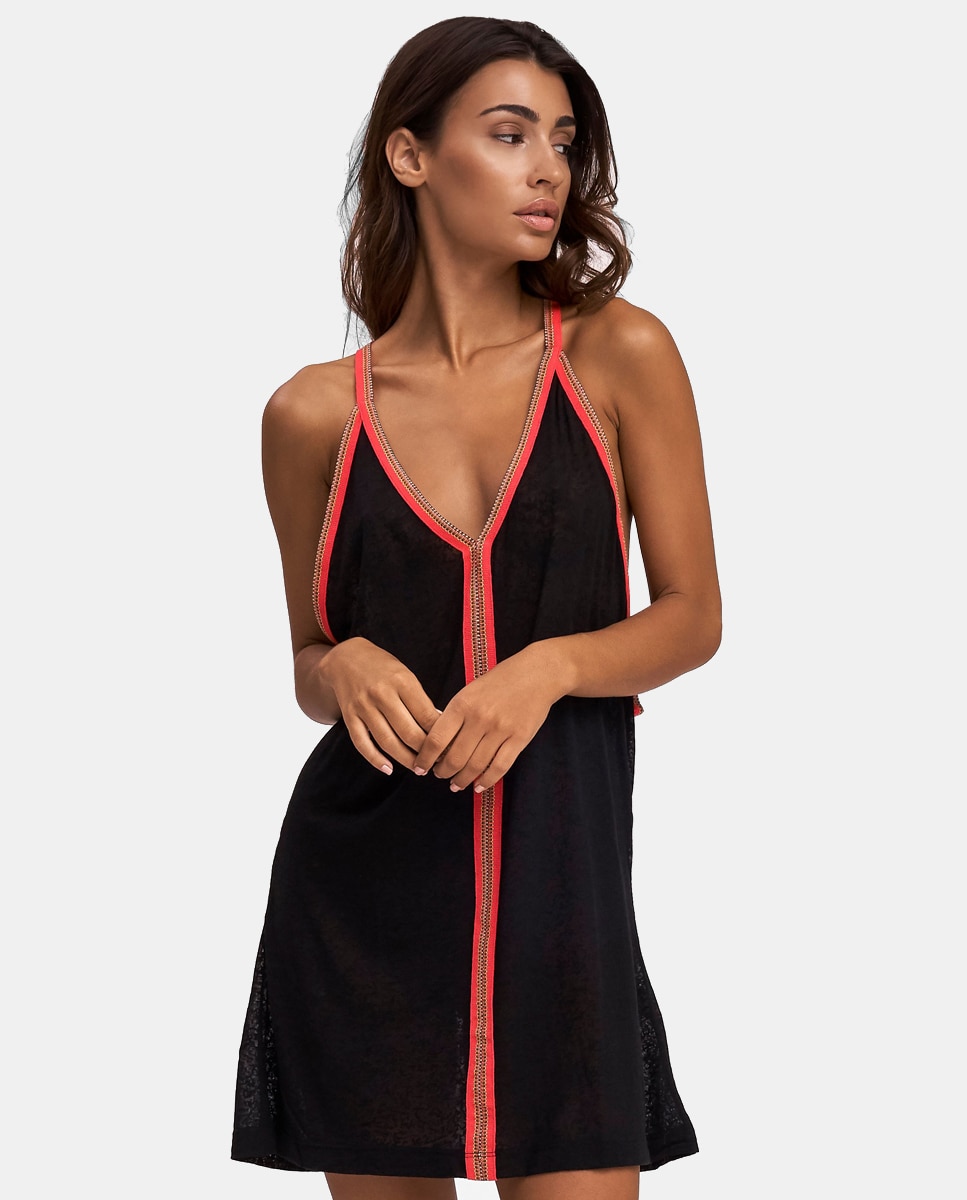 Kaftan Curto Sundress com Fitas Preto-1