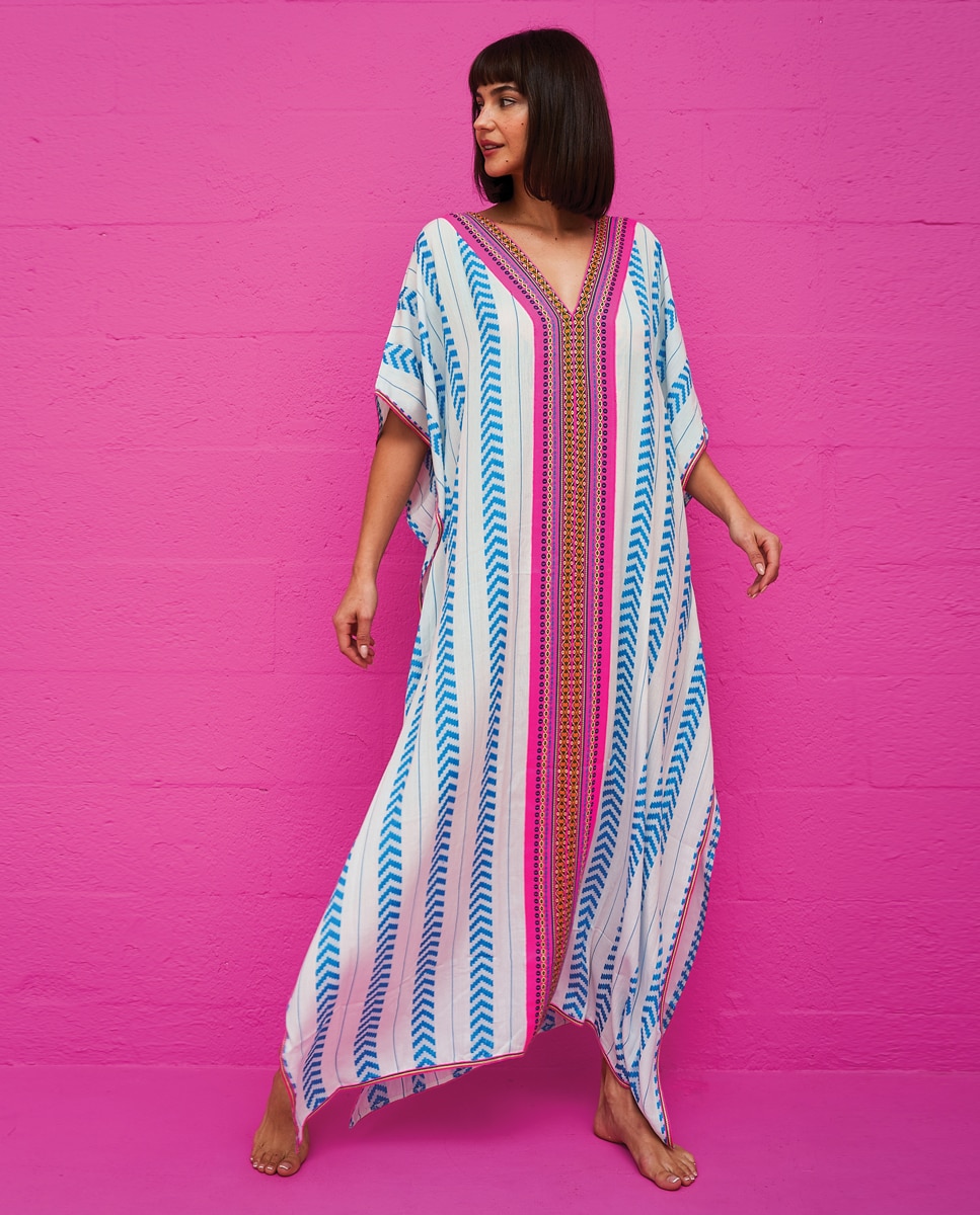 Kaftan com Motivo Étnico Azul-2
