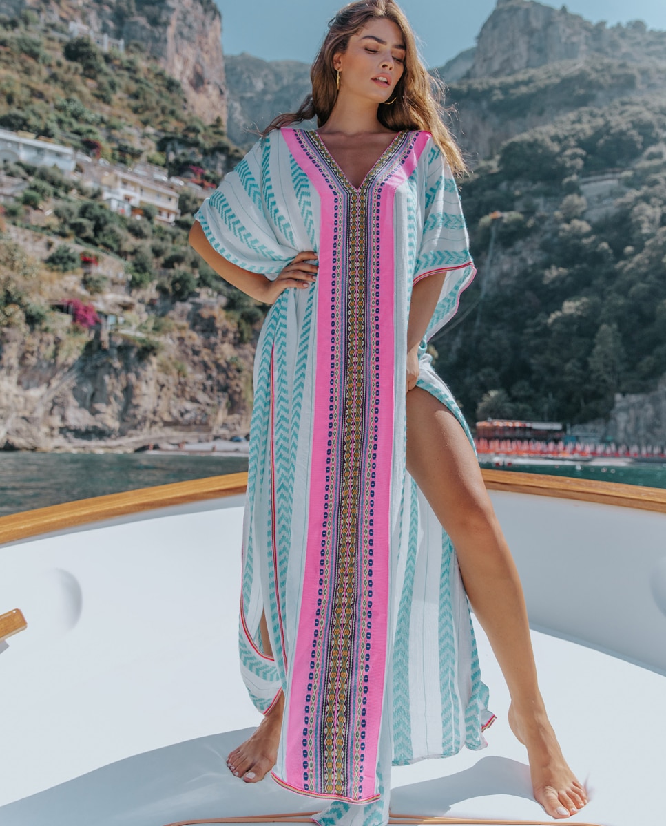 Kaftan com Motivo Étnico Azul-5