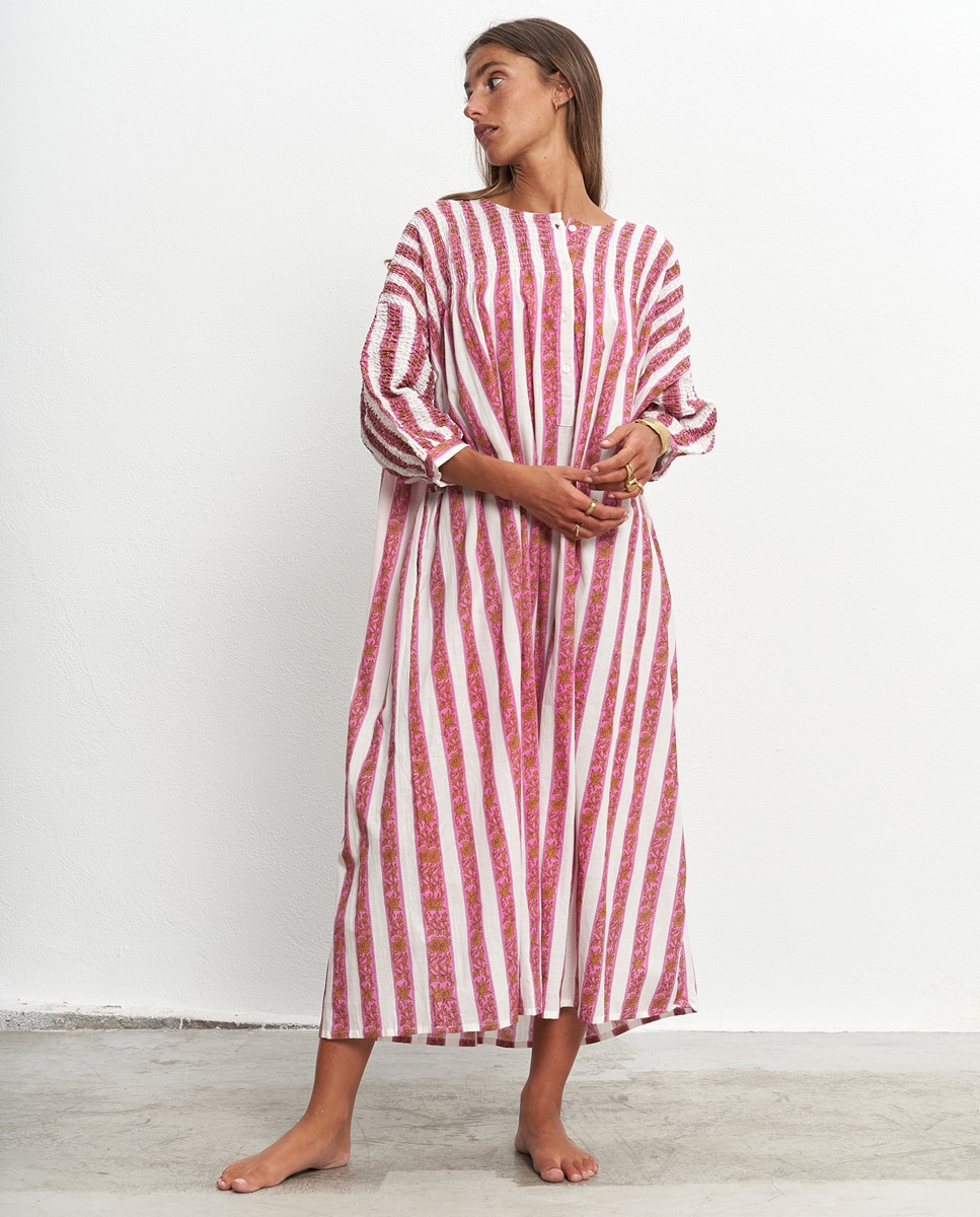 Maxi Vestido Kaftan de Algodão Fúcsia-2