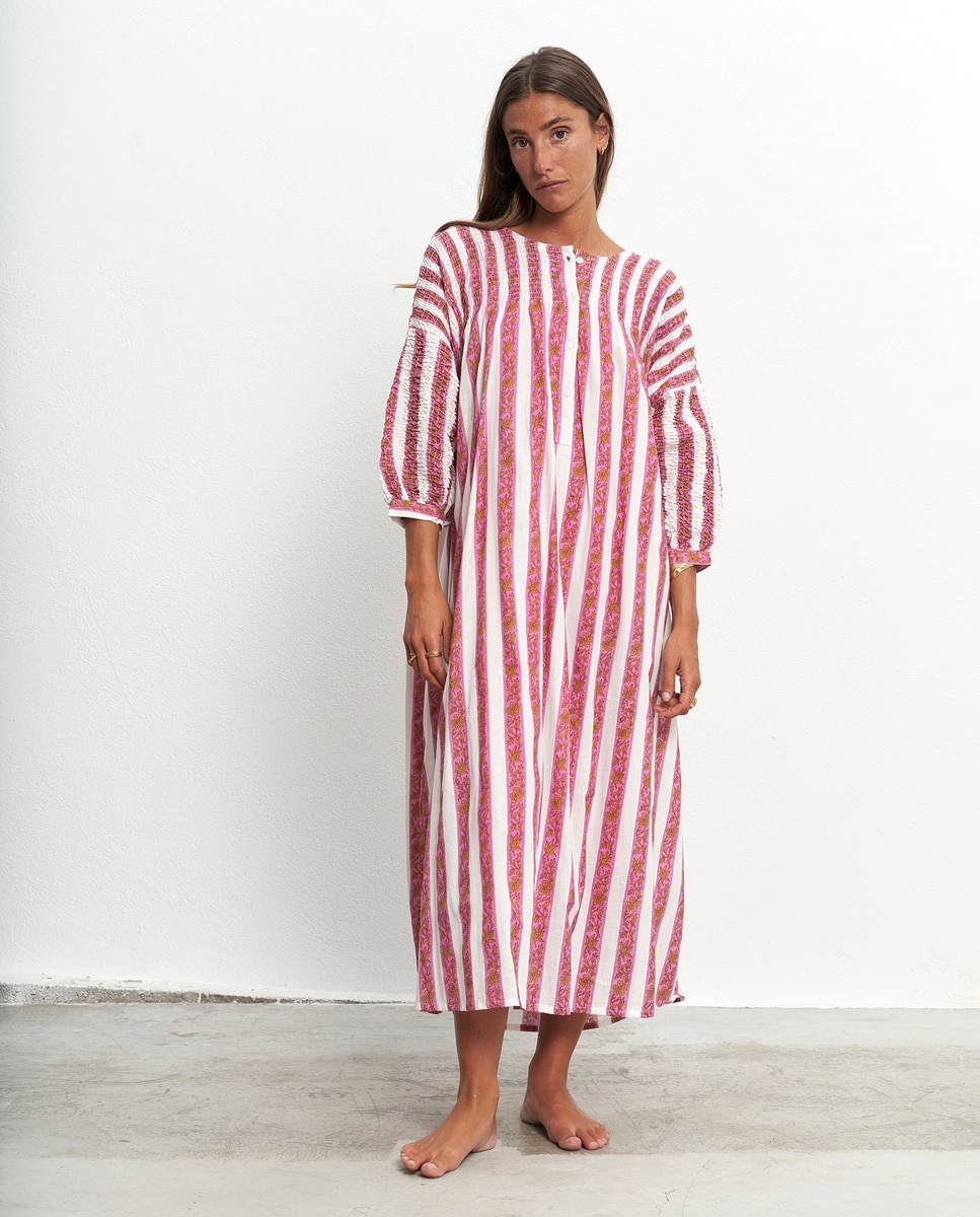 Maxi Vestido Kaftan de Algodão Fúcsia-3