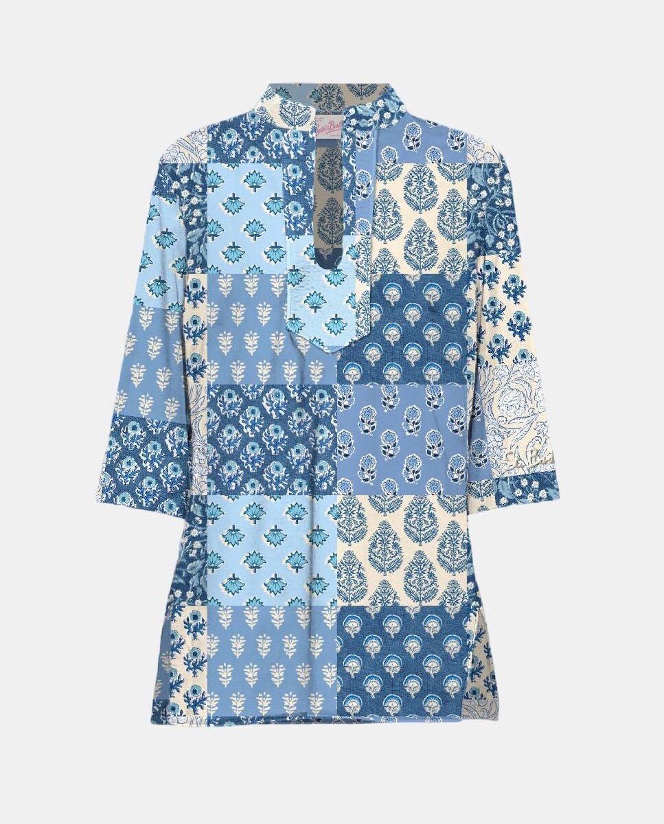 Kaftan de Algodão com Estampado Patch Azul-1