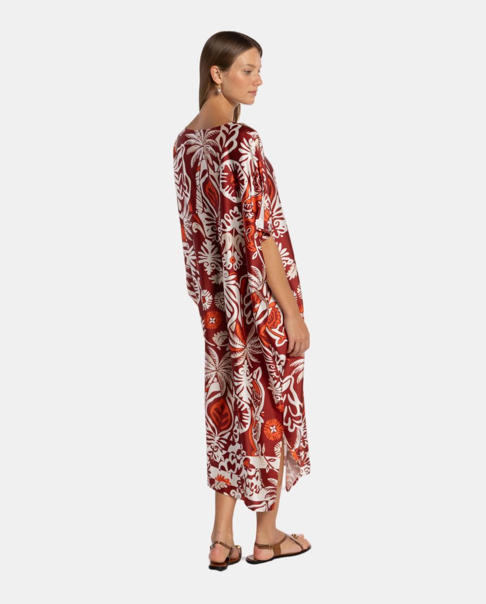 Kaftan com Estampado Floral-Ornamental e Decote Redondo Grená-2