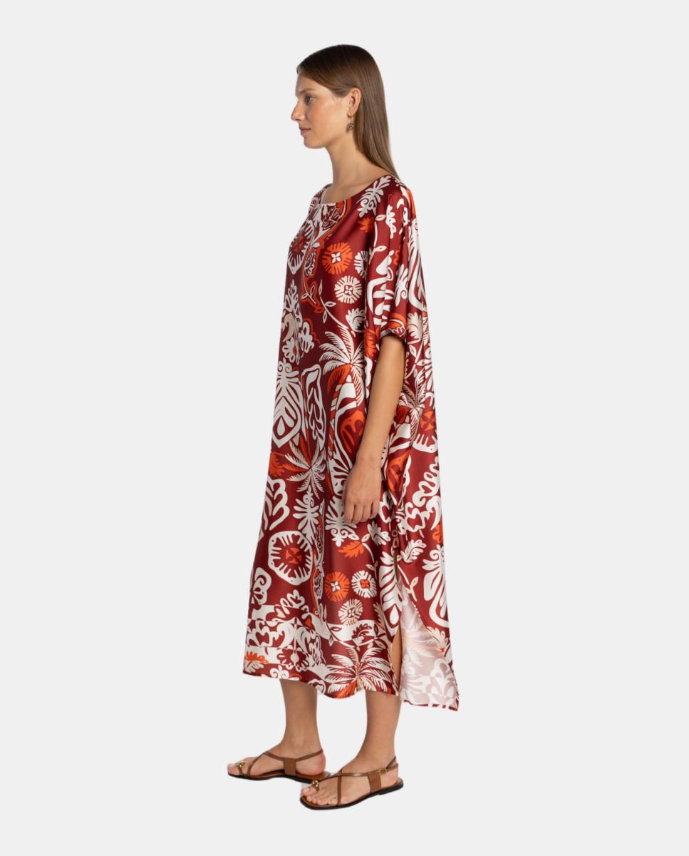 Kaftan com Estampado Floral-Ornamental e Decote Redondo Grená-3