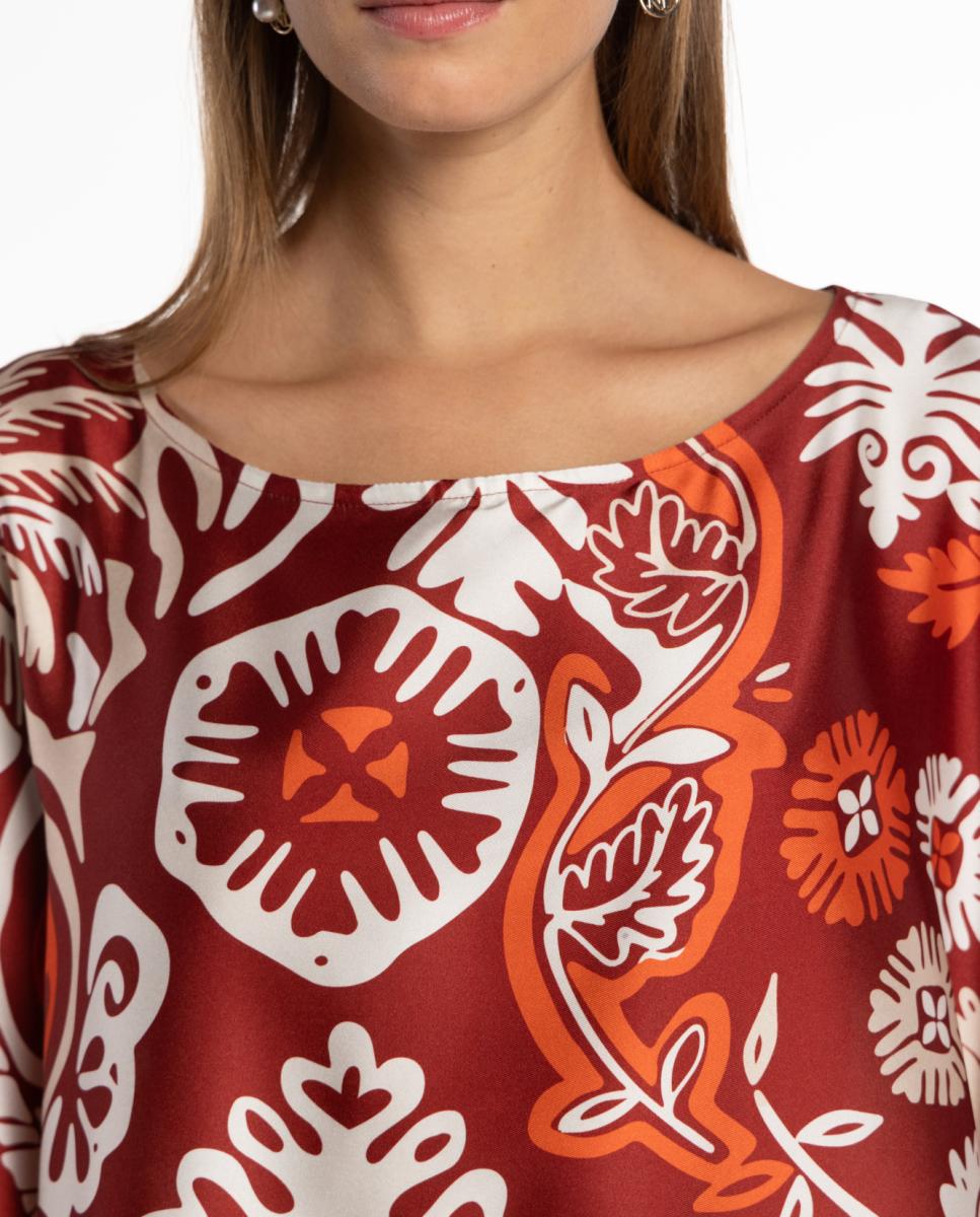 Kaftan com Estampado Floral-Ornamental e Decote Redondo Grená-4