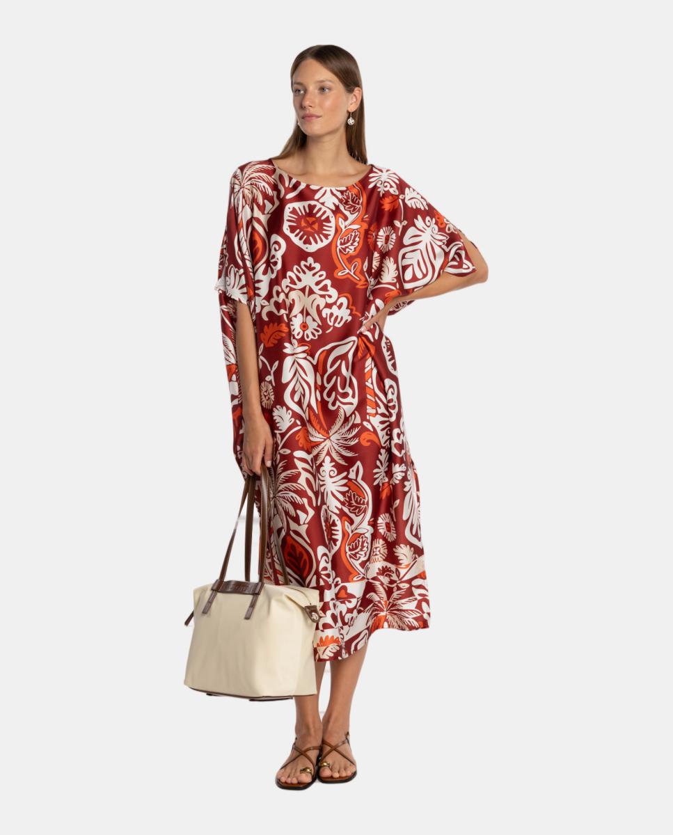 Kaftan com Estampado Floral-Ornamental e Decote Redondo Grená-5