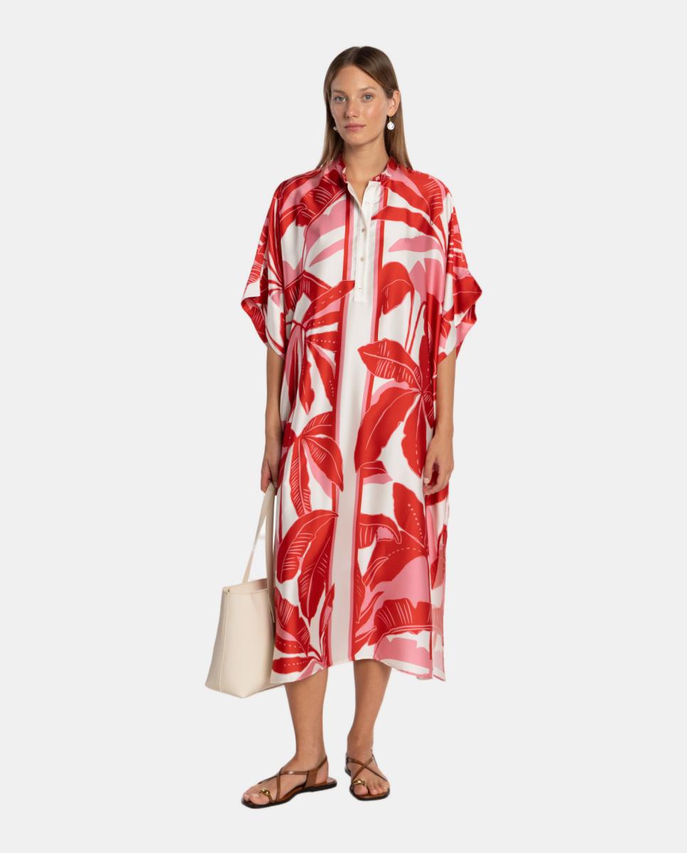 Kaftan com Estampado de Inspiração Tropical e Gola à Padre com Abotoadura à Frente Rosa-1
