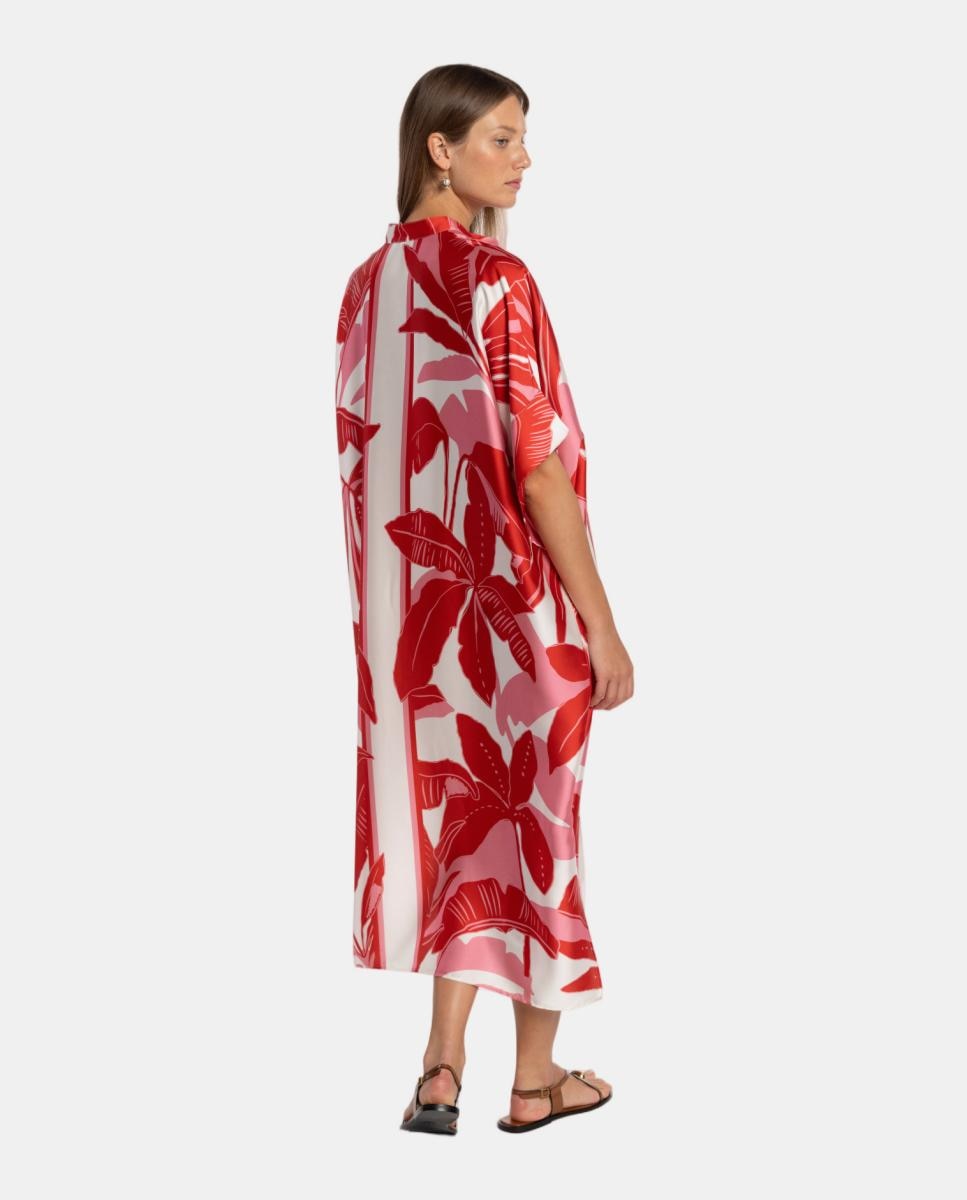 Kaftan com Estampado de Inspiração Tropical e Gola à Padre com Abotoadura à Frente Rosa-2