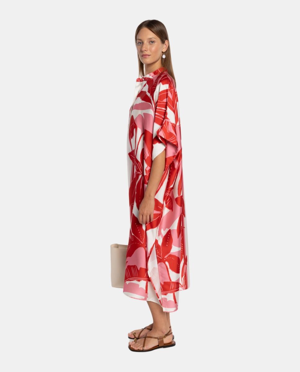 Kaftan com Estampado de Inspiração Tropical e Gola à Padre com Abotoadura à Frente Rosa-3