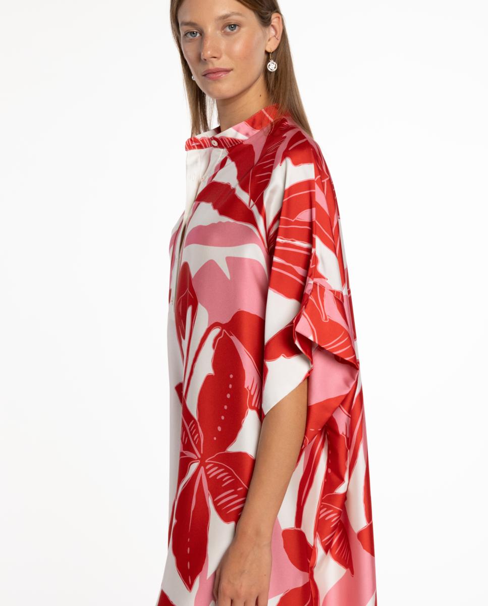 Kaftan com Estampado de Inspiração Tropical e Gola à Padre com Abotoadura à Frente Rosa-4