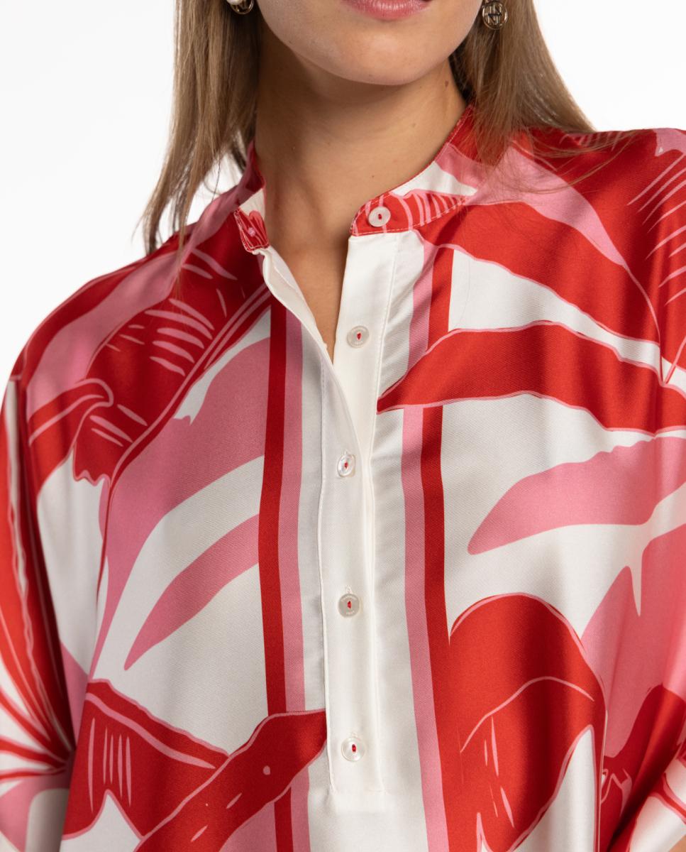 Kaftan com Estampado de Inspiração Tropical e Gola à Padre com Abotoadura à Frente Rosa-5
