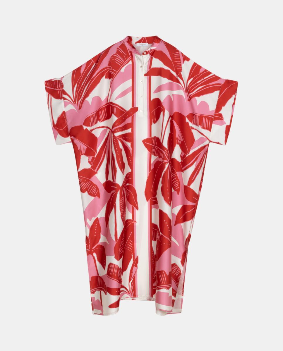 Kaftan com Estampado de Inspiração Tropical e Gola à Padre com Abotoadura à Frente Rosa-6