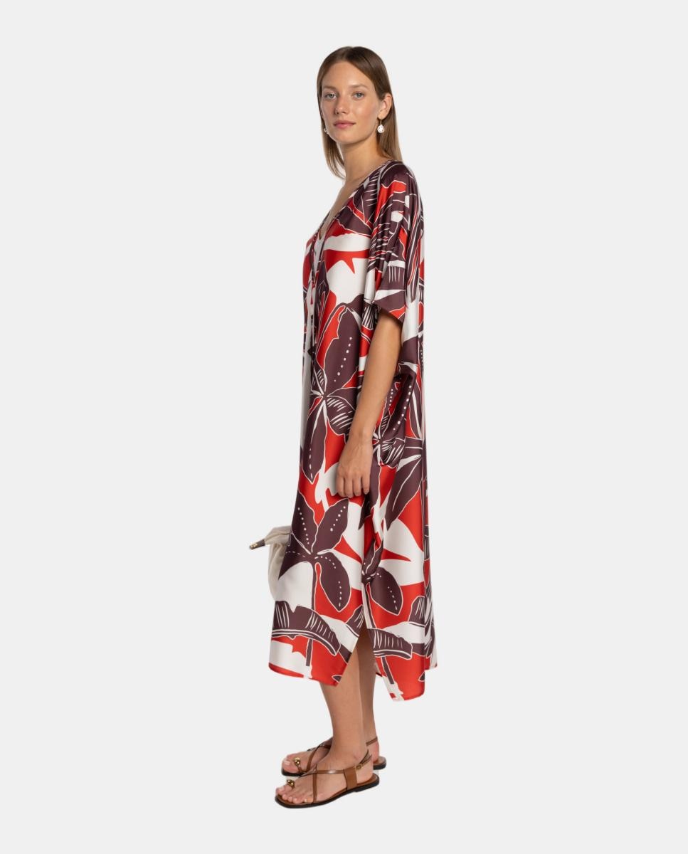 Caftán con estampado de inspiración tropical y cuello en "V" con detalle de lazada. - Naulover - Rojo Rojo-3