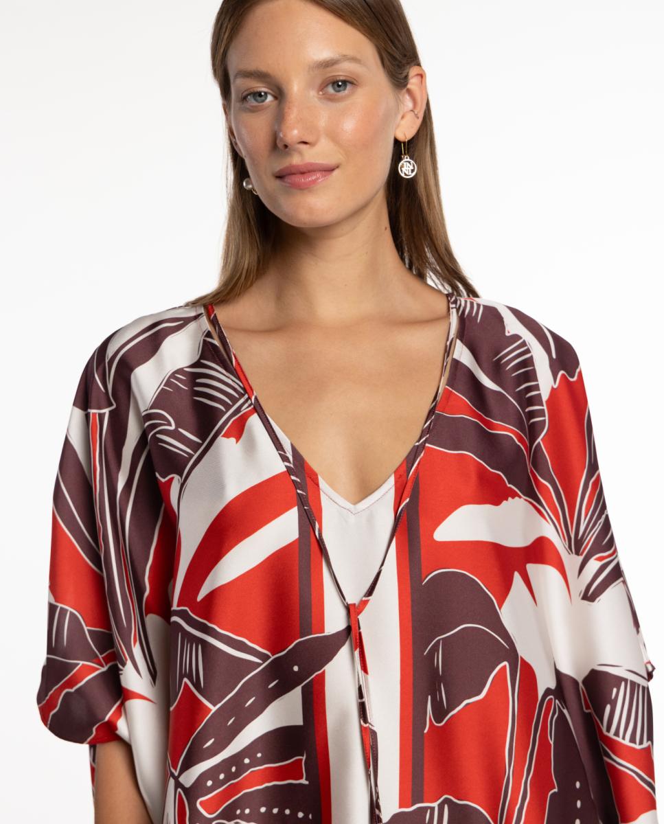 Caftán con estampado de inspiración tropical y cuello en "V" con detalle de lazada. - Naulover - Rojo Rojo-4