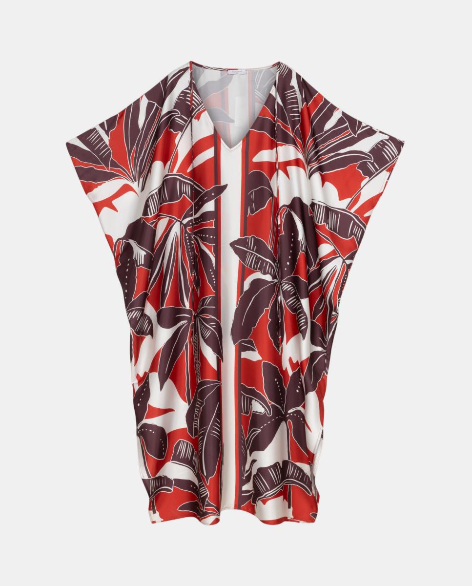 Caftán con estampado de inspiración tropical y cuello en "V" con detalle de lazada. - Naulover - Rojo Rojo-7
