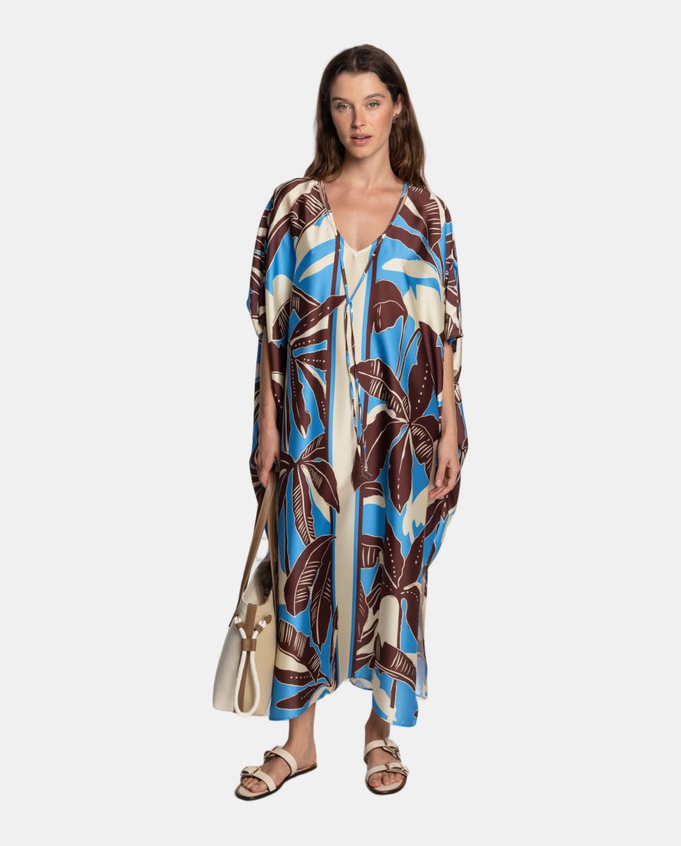 Imagem 0 de Kaftan com Estampado de Inspiração Tropical e Decote em "V" com Detalhe de Laço.