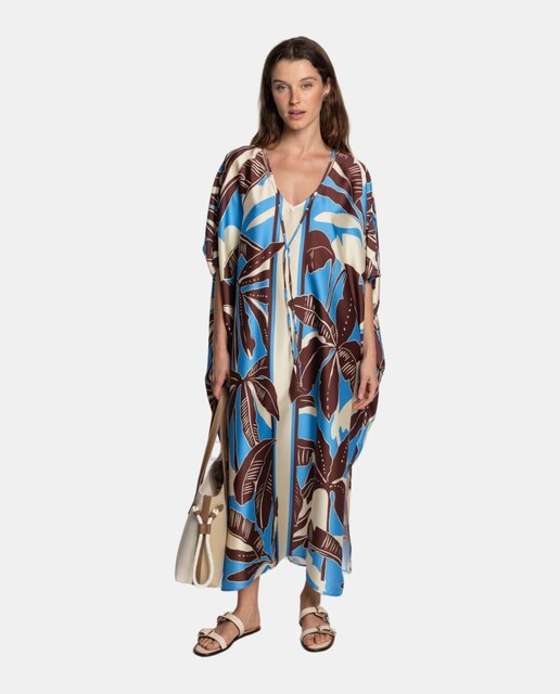 Imagem 0 de Kaftan com Estampado de Inspiração Tropical e Decote em "V" com Detalhe de Laço.