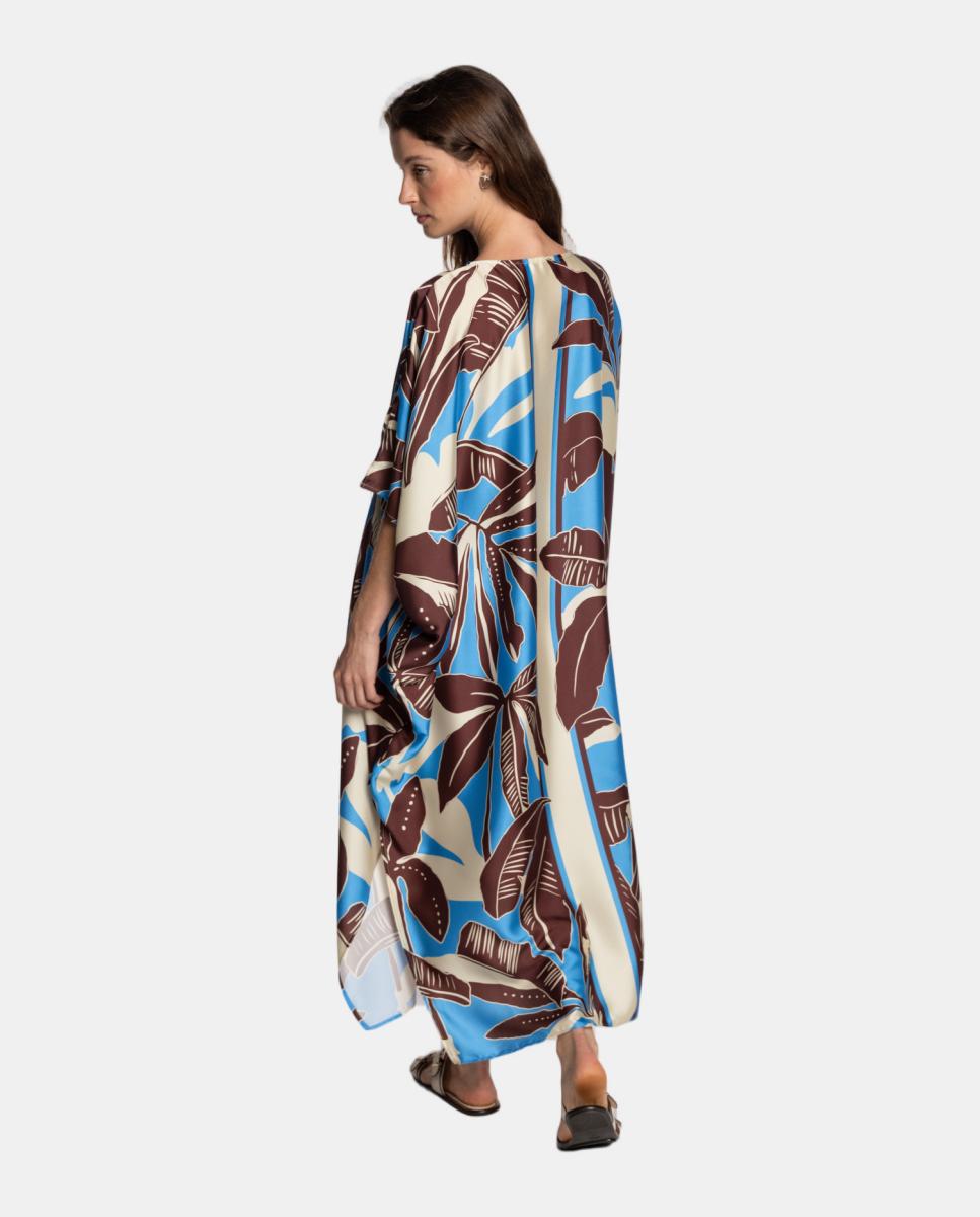 Kaftan com Estampado de Inspiração Tropical e Decote em "V" com Detalhe de Laço Azul-2