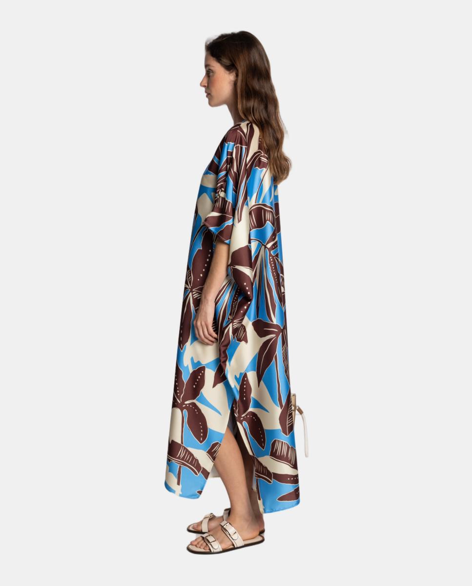 Kaftan com Estampado de Inspiração Tropical e Decote em "V" com Detalhe de Laço Azul-3