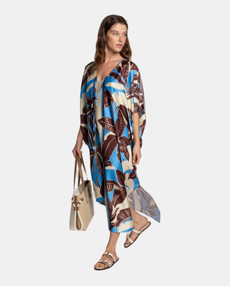 Kaftan com Estampado de Inspiração Tropical e Decote em "V" com Detalhe de Laço Azul-5