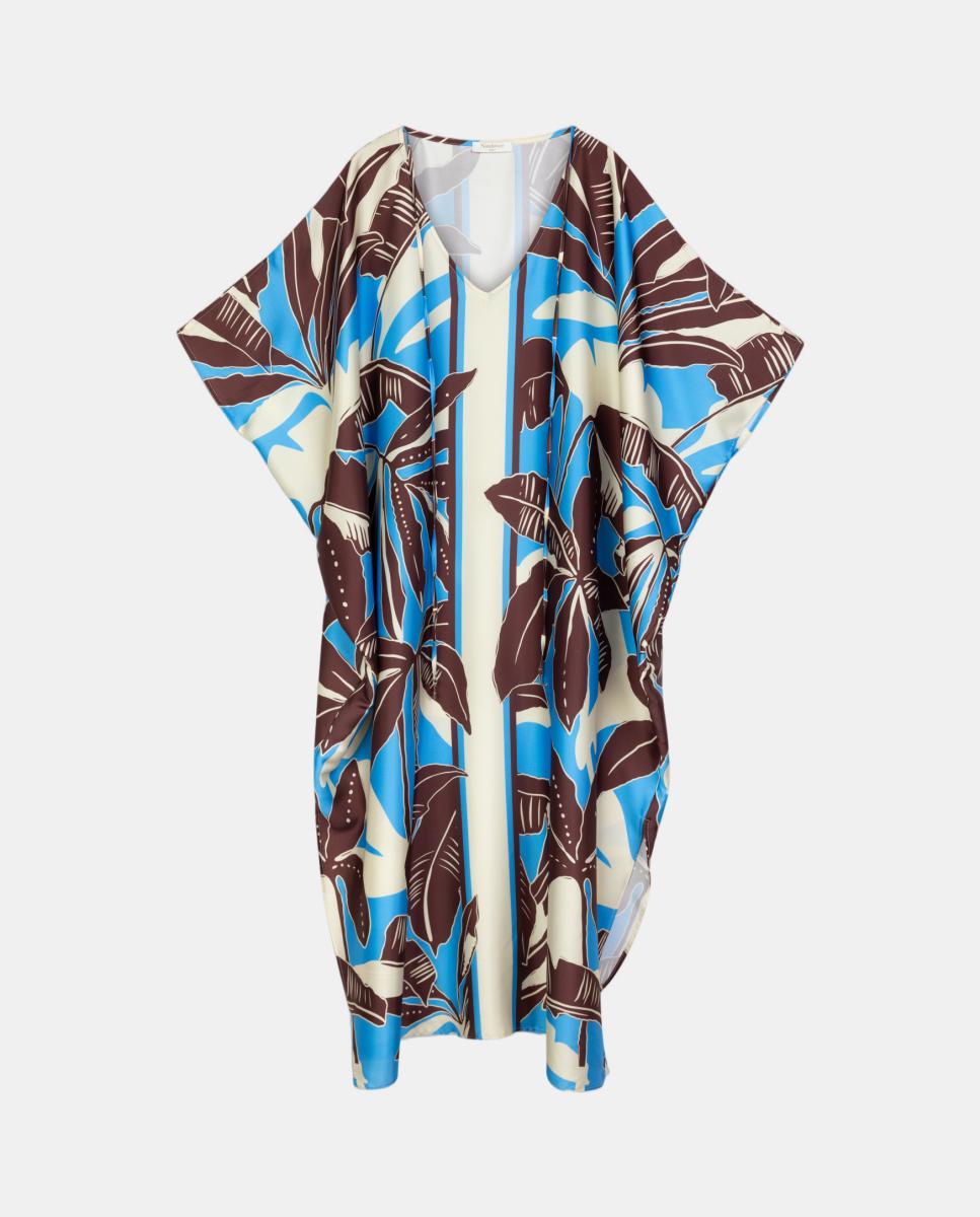 Kaftan com Estampado de Inspiração Tropical e Decote em "V" com Detalhe de Laço Azul-6