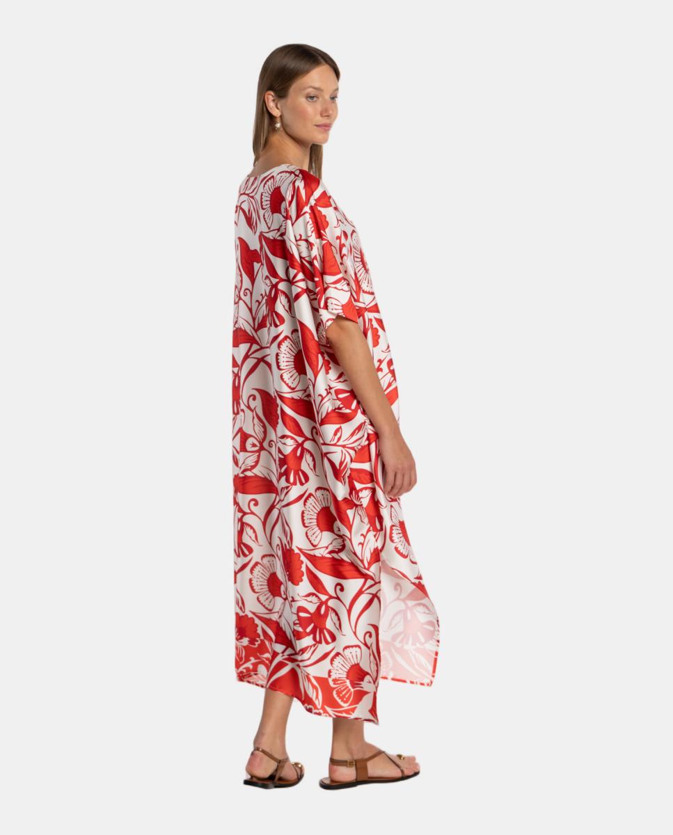Kaftan com Estampado Floral e Decote em "V" com Efeito de Mini Aba e Laço. Vermelho-2