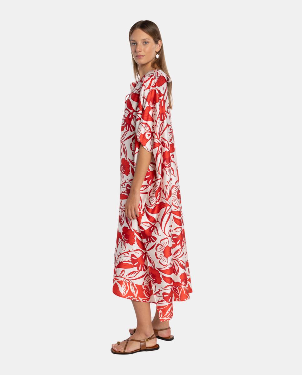 Kaftan com Estampado Floral e Decote em "V" com Efeito de Mini Aba e Laço. Vermelho-3