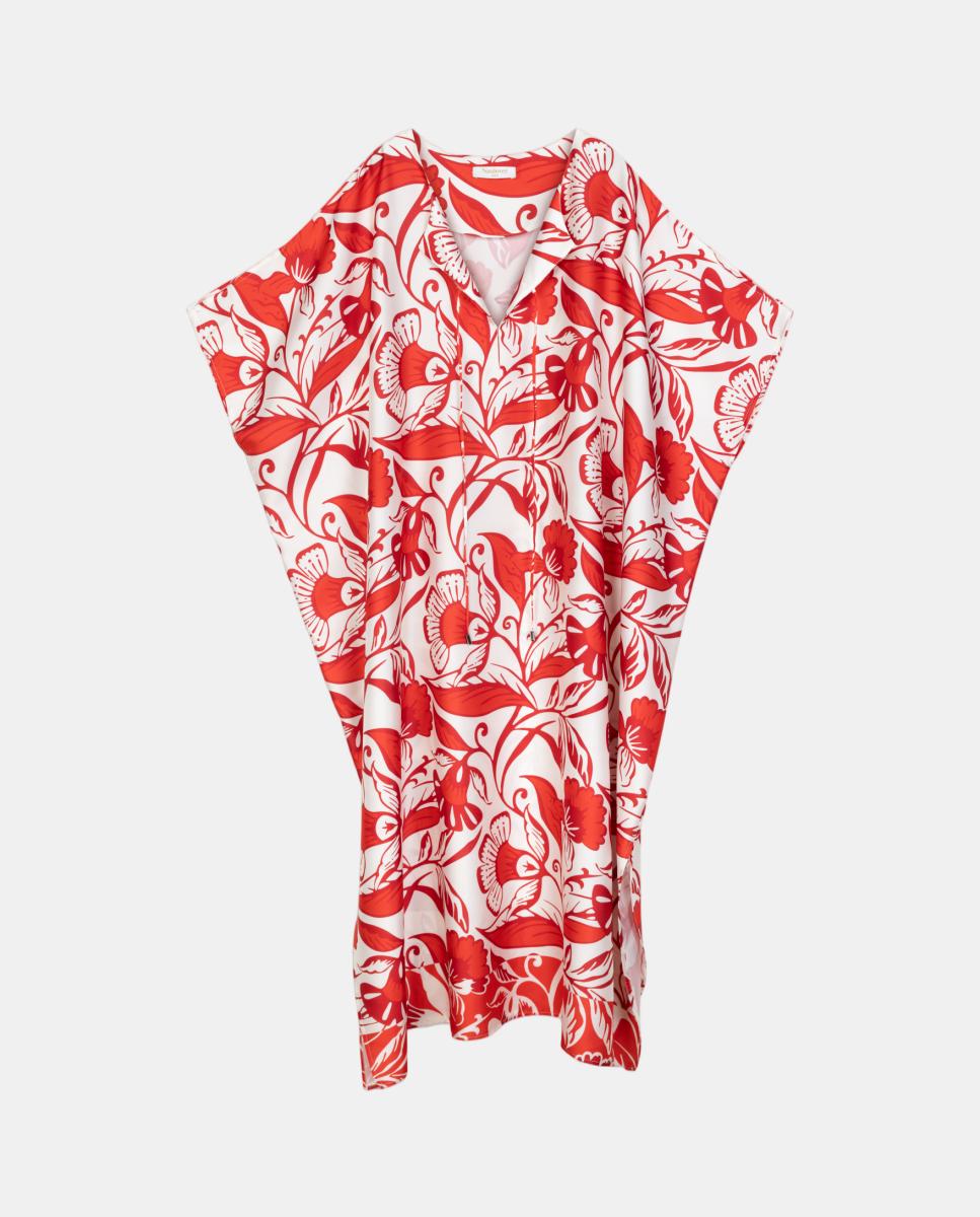 Kaftan com Estampado Floral e Decote em "V" com Efeito de Mini Aba e Laço. Vermelho-6