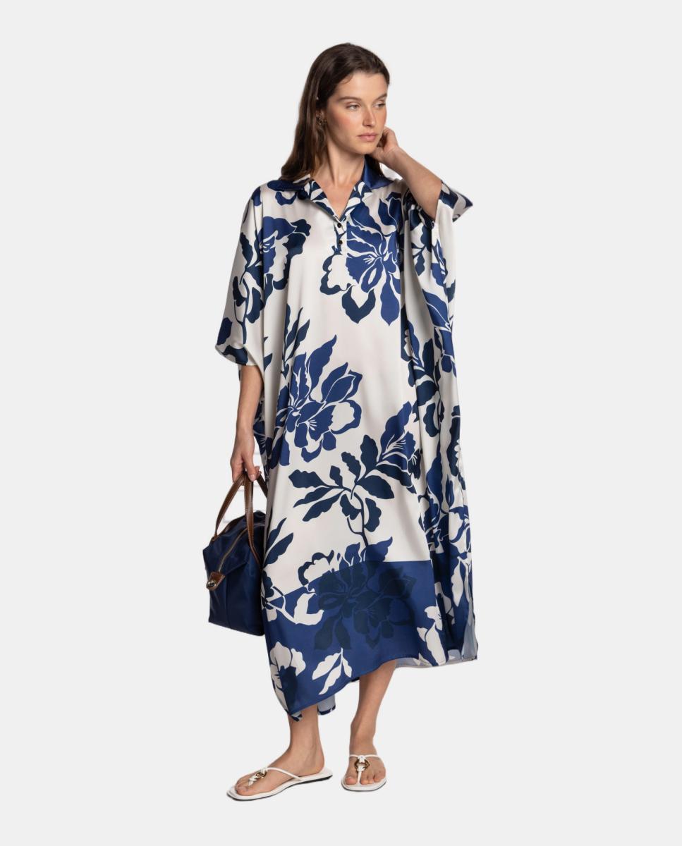 Kaftan com Estampado Floral Grande e Colarinho de Camisa com Botões Metálicos. Cru-6