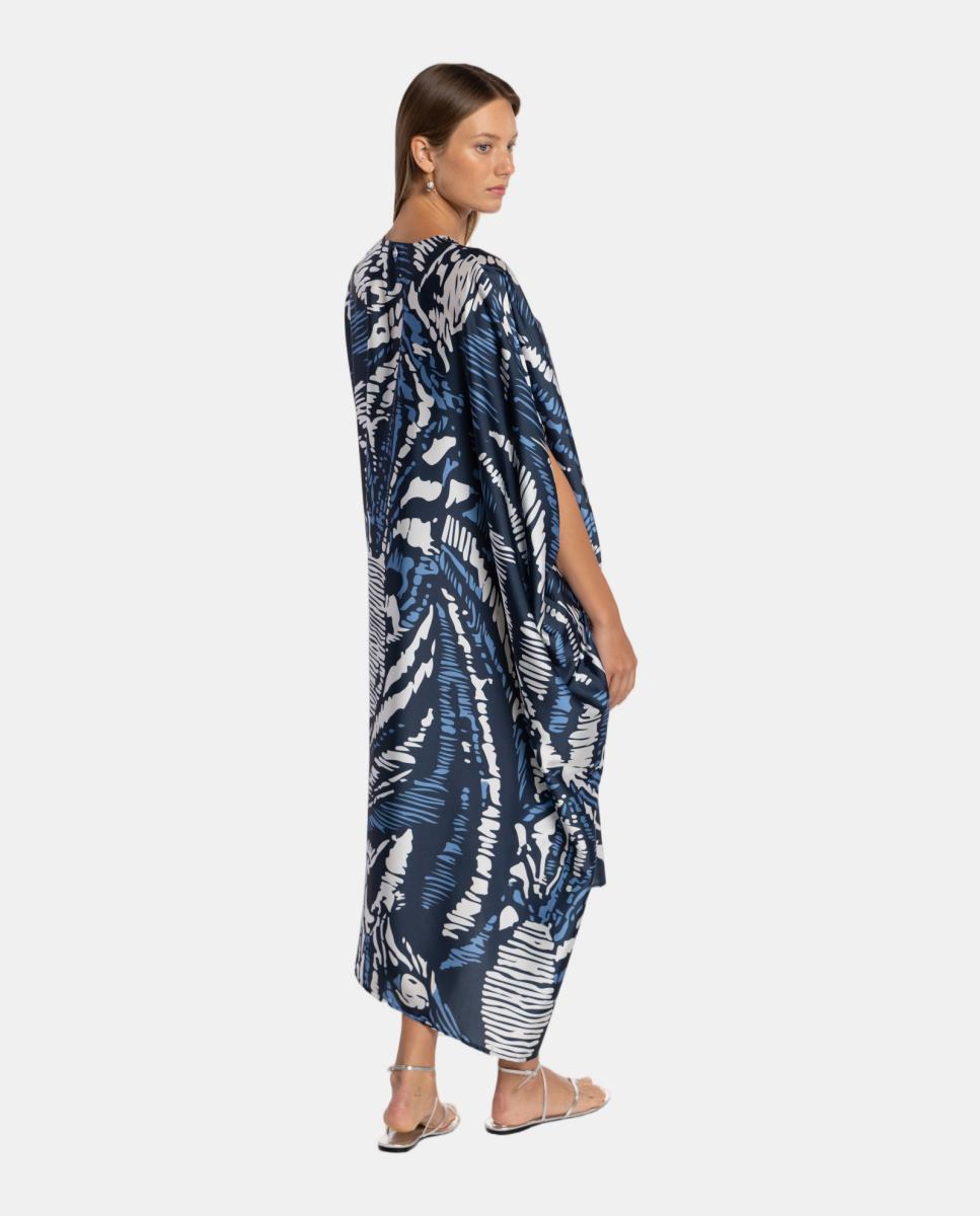 Kaftan com Animal Print de Zebra e Prega à Frente com Decote em "V" Azul-marinho-2