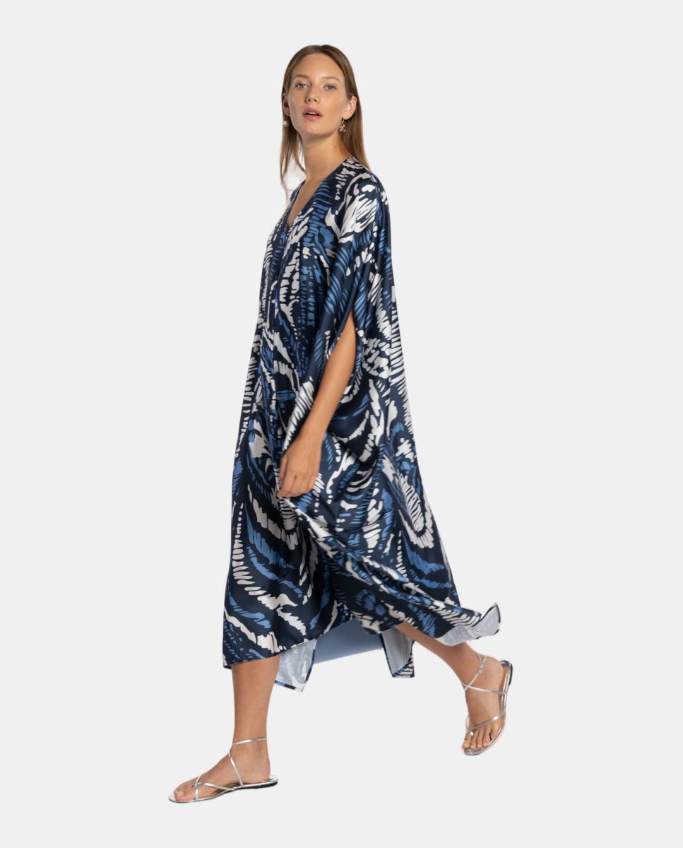 Kaftan com Animal Print de Zebra e Prega à Frente com Decote em "V" Azul-marinho-4