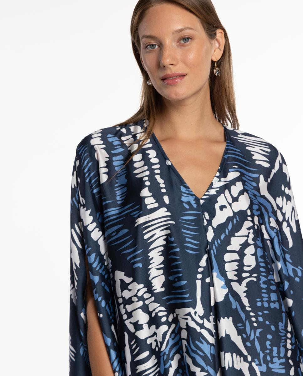 Kaftan com Animal Print de Zebra e Prega à Frente com Decote em "V" Azul-marinho-5