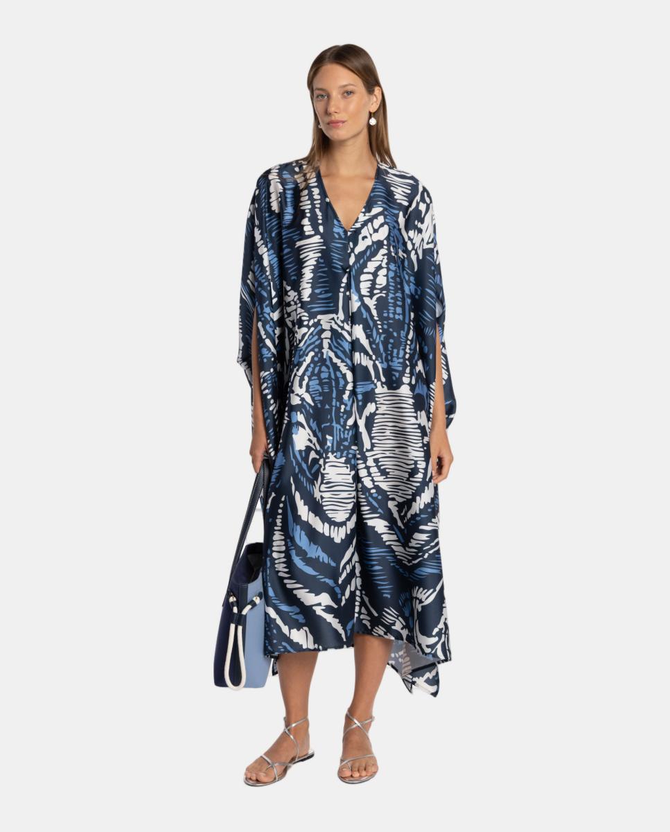 Kaftan com Animal Print de Zebra e Prega à Frente com Decote em "V" Azul-marinho-6