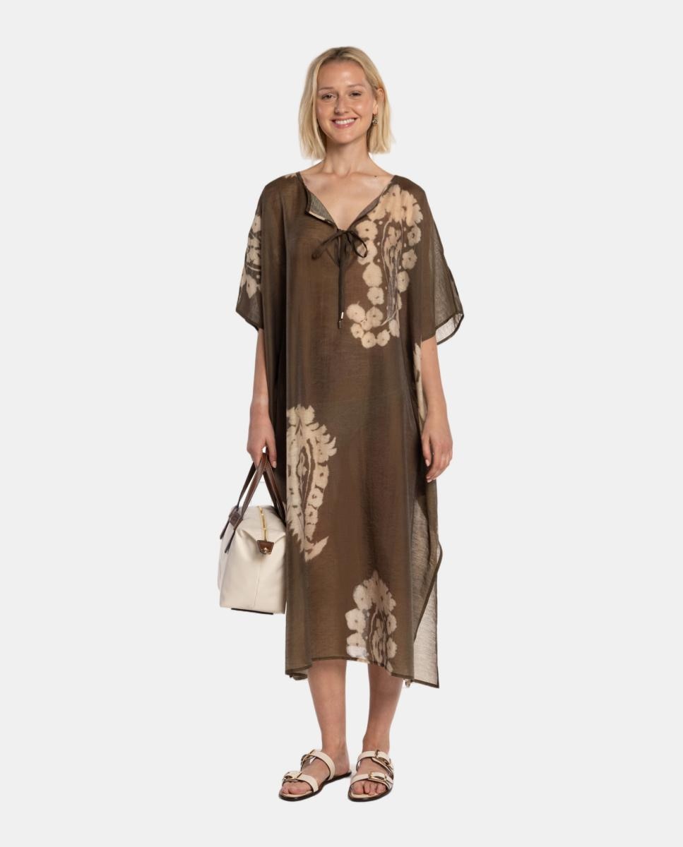 Imagem 0 de Kaftan com Estampado Paisley Grande e Decote em "V" com Efeito de Mini Aba com Laço.