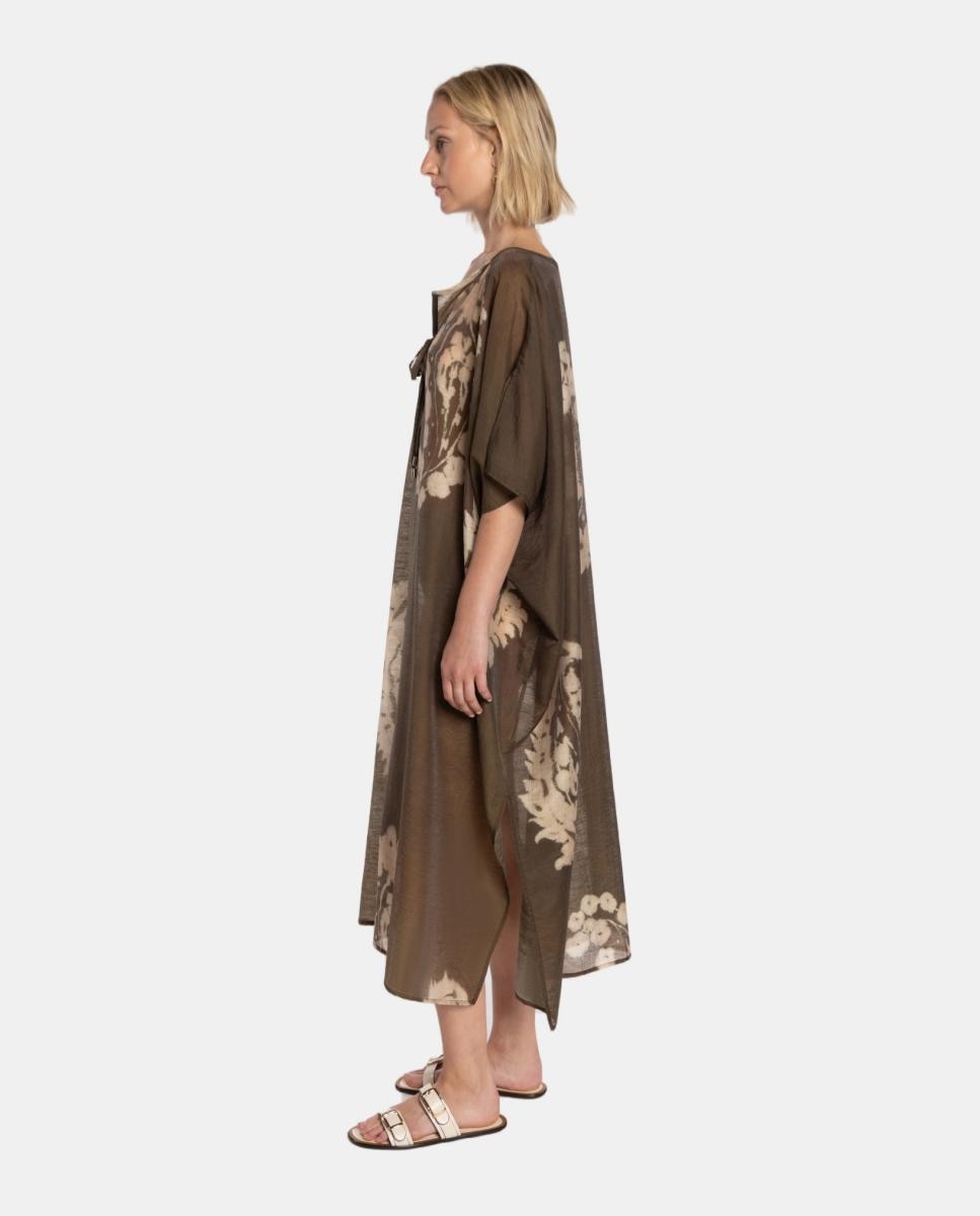 Kaftan com Estampado Paisley Grande e Decote em "V" com Efeito de Mini Aba com Laço Castanho-2
