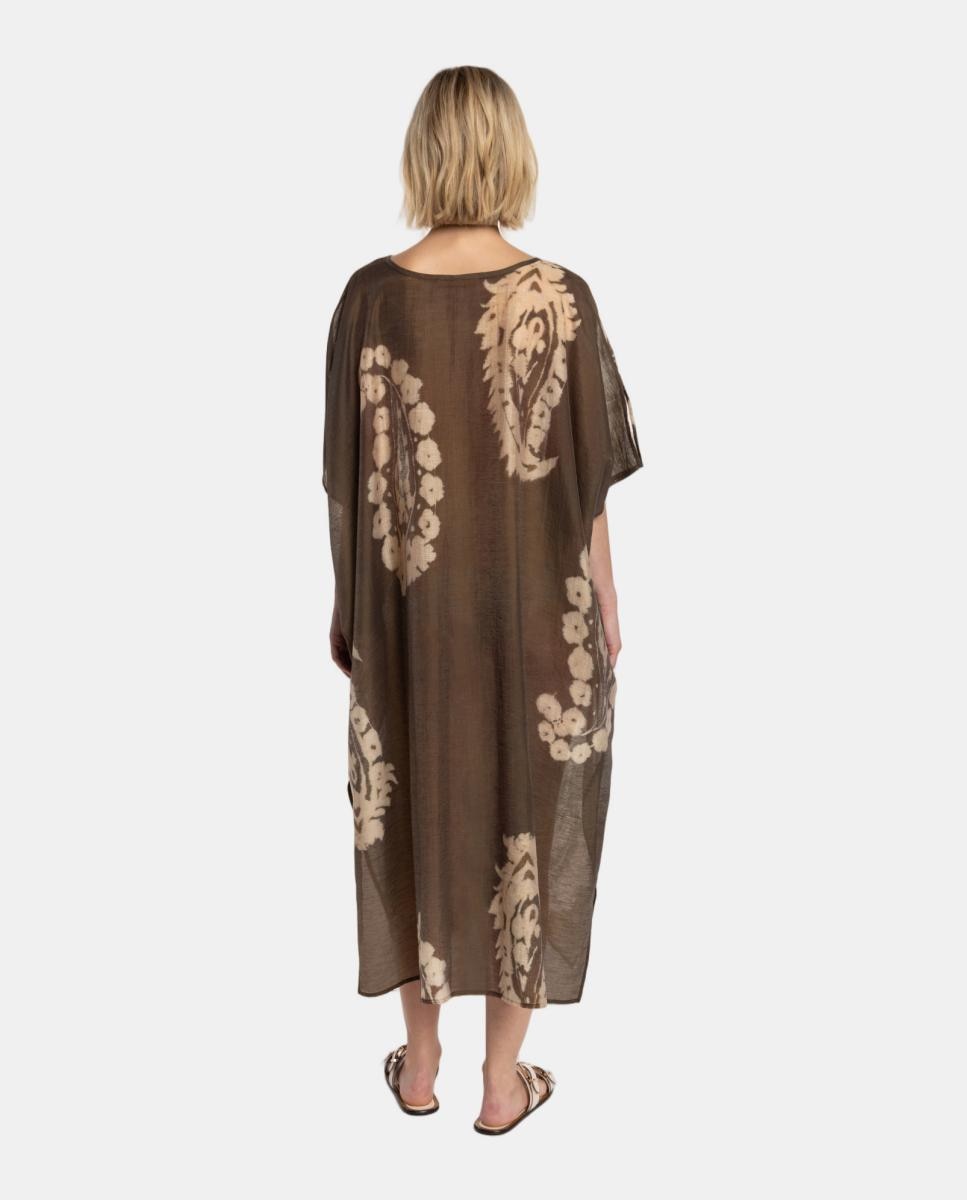 Kaftan com Estampado Paisley Grande e Decote em "V" com Efeito de Mini Aba com Laço Castanho-3