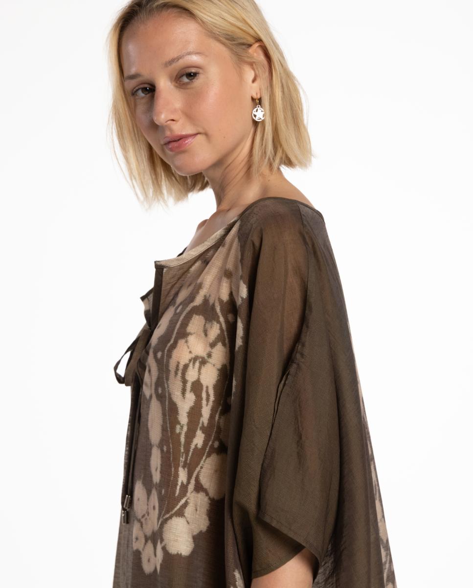 Kaftan com Estampado Paisley Grande e Decote em "V" com Efeito de Mini Aba com Laço Castanho-4