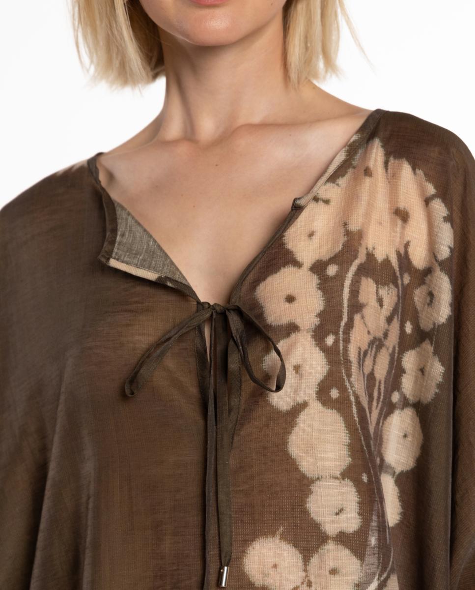 Kaftan com Estampado Paisley Grande e Decote em "V" com Efeito de Mini Aba com Laço Castanho-5