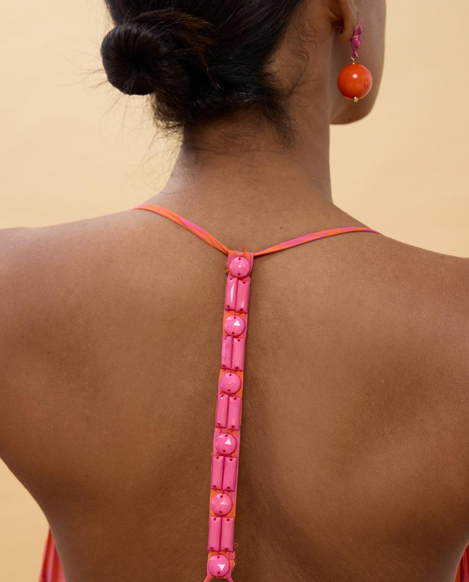 Vestido Comprido de Alças com Estampado às Bolinhas Laranja-2