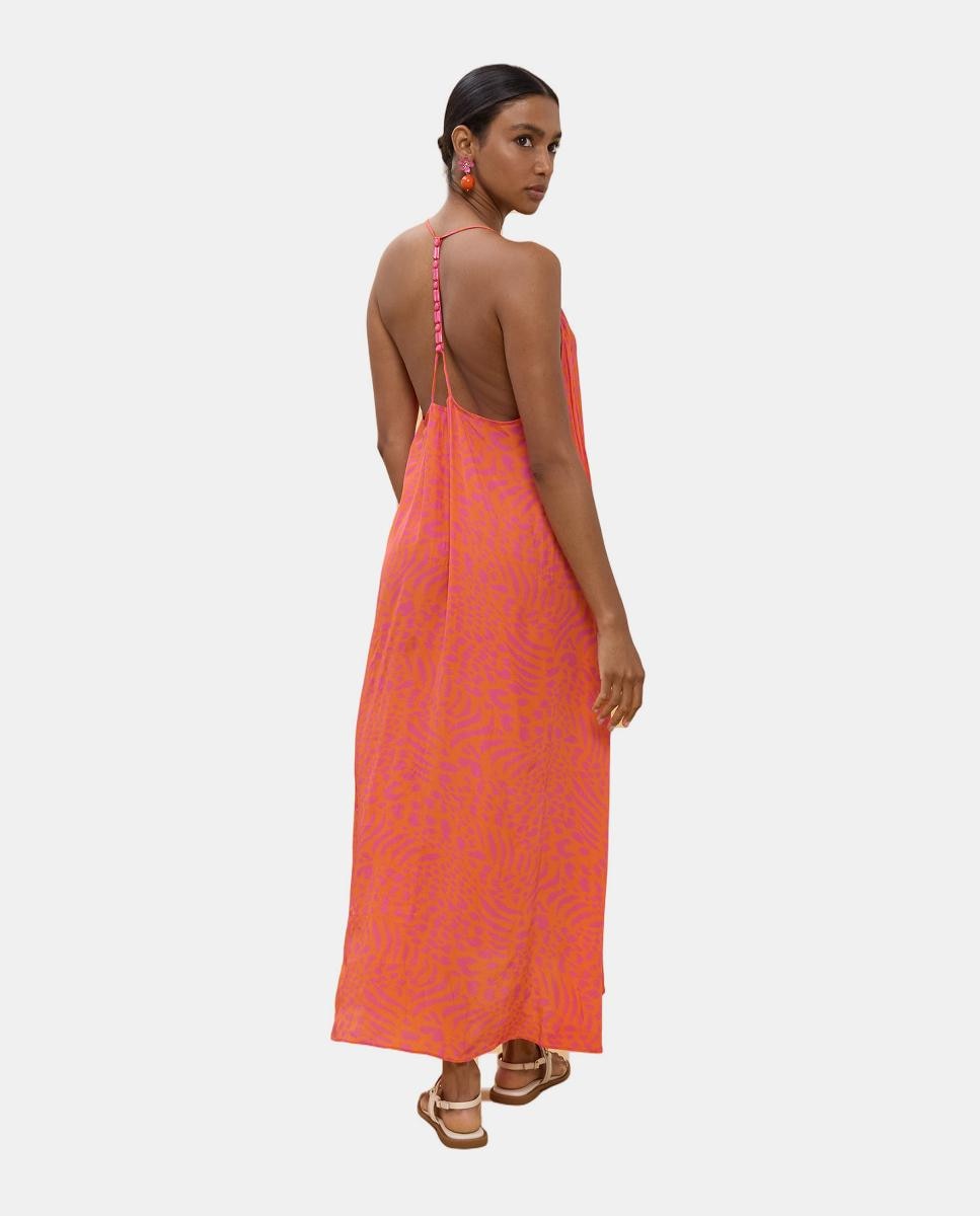 Vestido Comprido de Alças com Estampado às Bolinhas Laranja-3