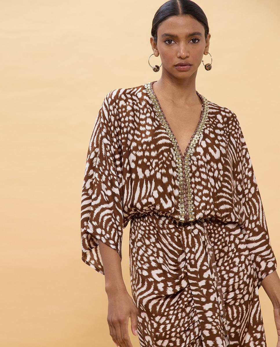 Vestido Comprido Estampado com Mangas Largas Castanho-claro-2