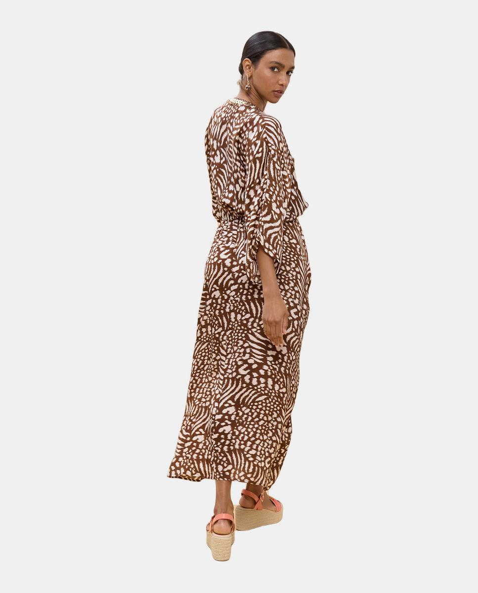 Vestido Comprido Estampado com Mangas Largas Castanho-claro-5