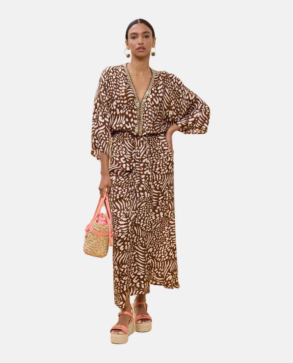 Vestido Comprido Estampado com Mangas Largas Castanho-claro-6