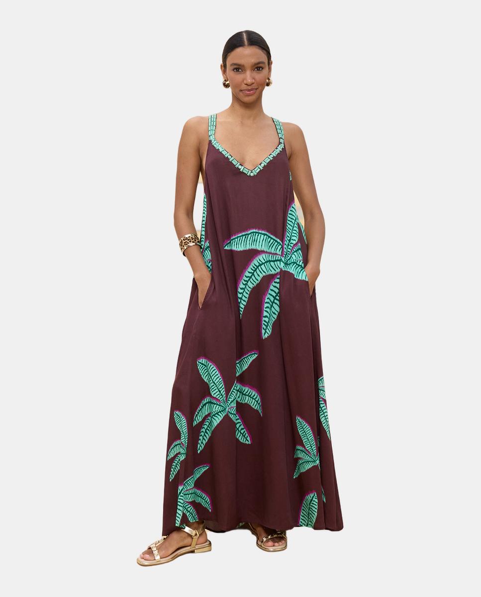 Vestido Comprido de Alças com Estampado de Palmeiras Castanho-2