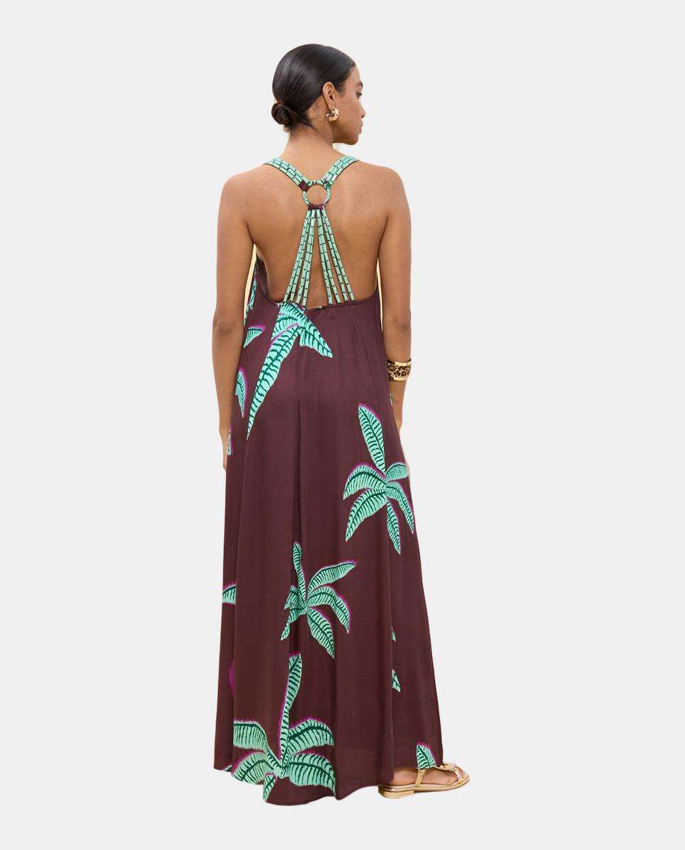 Vestido Comprido de Alças com Estampado de Palmeiras Castanho-3