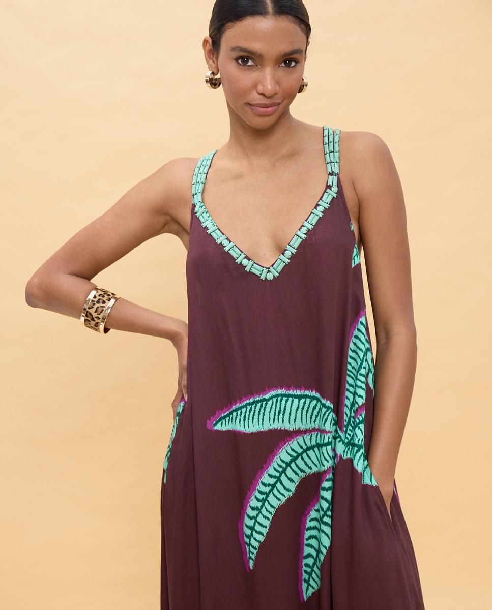 Vestido Comprido de Alças com Estampado de Palmeiras Castanho-5